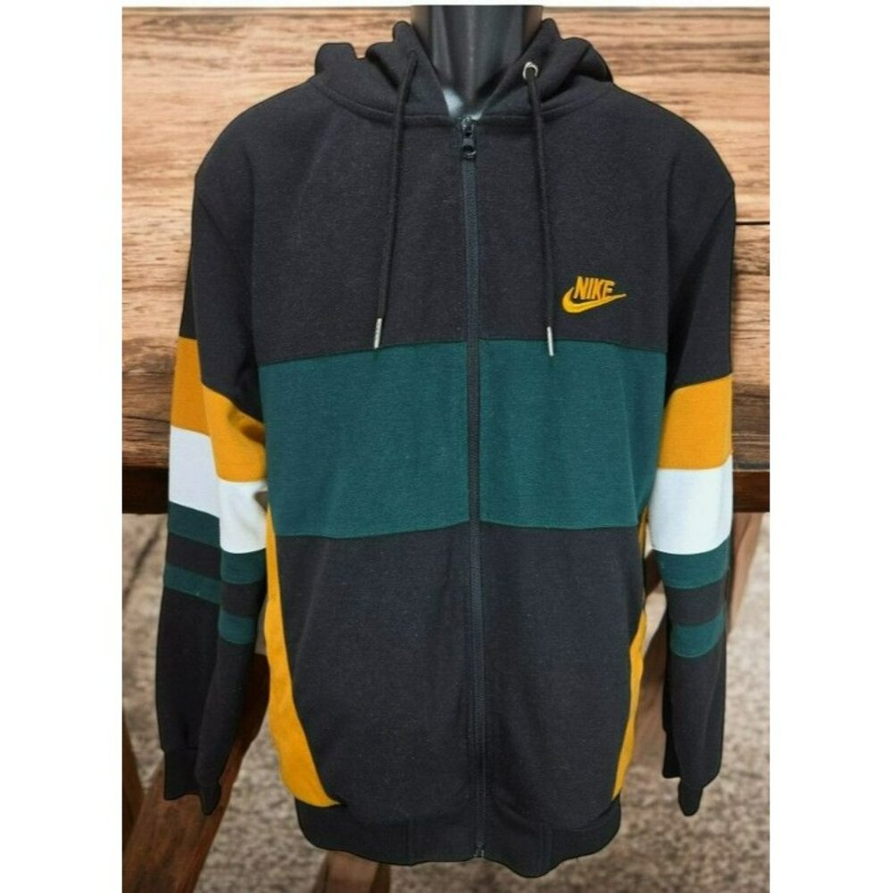 Nike Full-Zip Black/Green/Gold Colorblock Hoodie Large Y2K